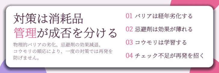 対策は消耗品 管理が成否を分ける。バリアは経年劣化する、忌避剤は効果が薄れる、コウモリは学習する、チェック不足が再発を招く