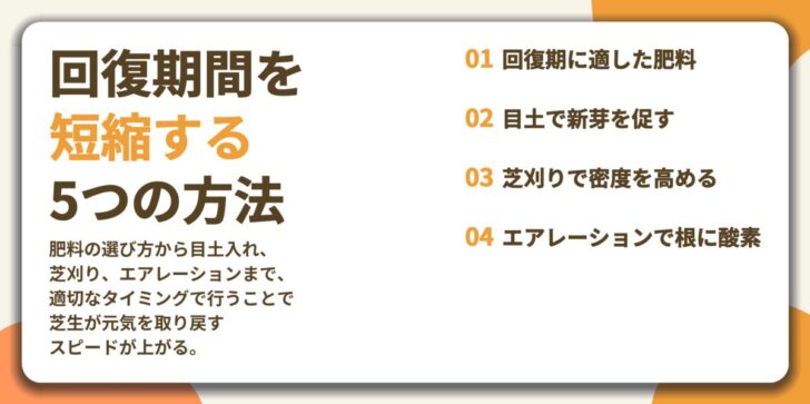 回復期間を 短縮する 5つの方法。回復期に適した肥料、目土で新芽を促す、芝刈りで密度を高める、エアレーションで根に酸素