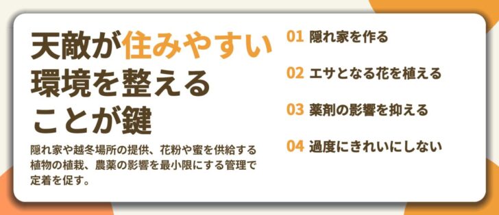 天敵が住みやすい 環境を整える ことが鍵。隠れ家を作る、エサとなる花を植える、薬剤の影響を抑える、過度にきれいにしない