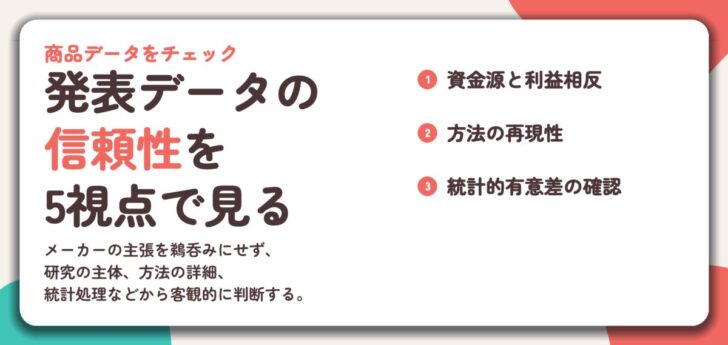 発表データの 信頼性を 5視点で見る。資金源と利益相反、方法の再現性、統計的有意差の確認