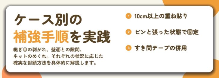 ケース別の 補強手順を実践。10cm以上の重ね貼り、ピンと張った状態で固定、すき間テープの併用