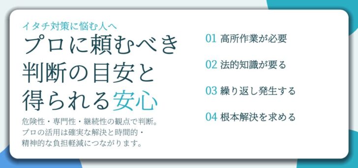 プロに頼むべき 判断の目安と 得られる安心。高所作業が必要、法的知識が要る、繰り返し発生する、根本解決を求める