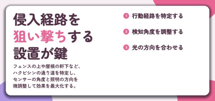 侵入経路を 狙い撃ちする 設置が鍵。行動経路を特定する、検知角度を調整する、光の方向を合わせる