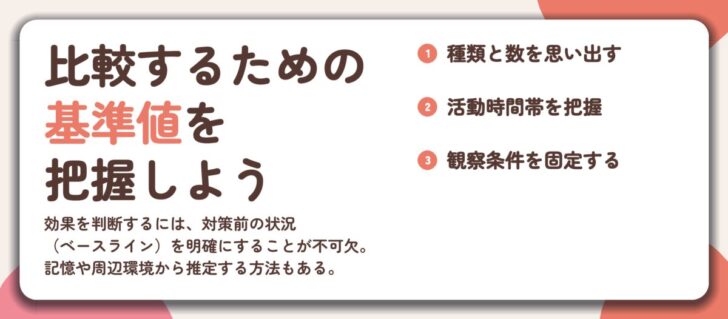 比較するための 基準値を 把握しよう。種類と数を思い出す、活動時間帯を把握、観察条件を固定する