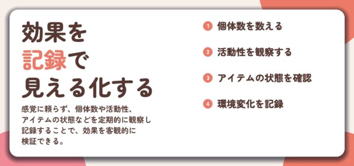 効果を 記録で 見える化する。個体数を数える、活動性を観察する、アイテムの状態を確認、環境変化を記録