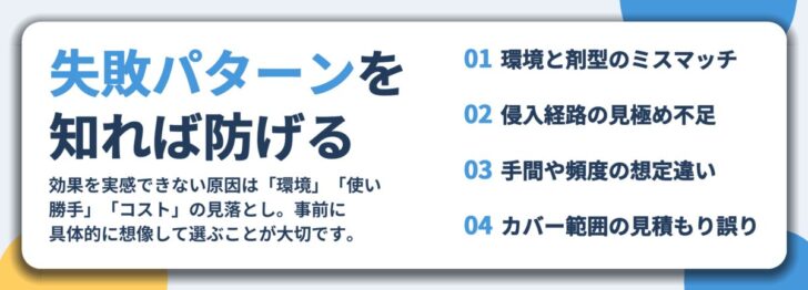 失敗パターンを 知れば防げる。環境と剤型のミスマッチ、侵入経路の見極め不足、手間や頻度の想定違い、カバー範囲の見積もり誤り
