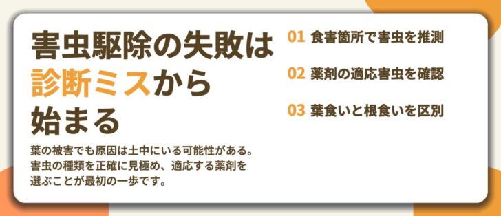 害虫駆除の失敗は 診断ミスから 始まる。食害箇所で害虫を推測、薬剤の適応害虫を確認、葉食いと根食いを区別