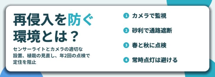 再侵入を防ぐ 環境とは？。カメラで監視、砂利で通路遮断、春と秋に点検、常時点灯は避ける