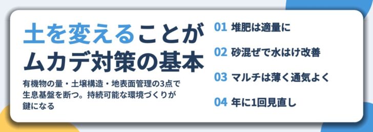 土を変えることが ムカデ対策の基本。堆肥は適量に、砂混ぜで水はけ改善、マルチは薄く通気よく、年に1回見直し