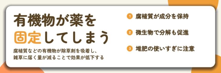 有機物が薬を 固定してしまう。腐植質が成分を保持、微生物で分解も促進、堆肥の使いすぎに注意