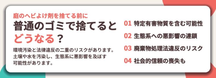 普通のゴミで捨てると どうなる?。特定有害物質を含む可能性、生態系への悪影響の連鎖、廃棄物処理法違反のリスク、社会的信頼の喪失も