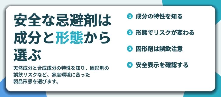 安全な忌避剤は 成分と形態から 選ぶ。成分の特性を知る、形態でリスクが変わる、固形剤は誤飲注意、安全表示を確認する