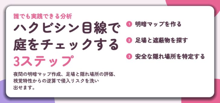 ハクビシン目線で 庭をチェックする 3ステップ。明暗マップを作る、足場と遮蔽物を探す、安全な隠れ場所を特定する