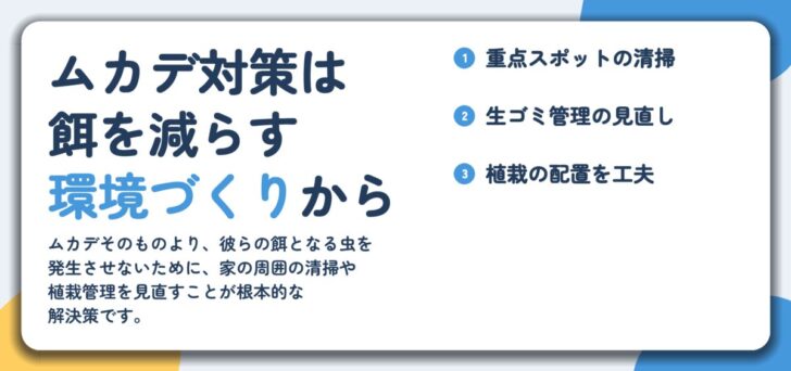 ムカデ対策は 餌を減らす 環境づくりから。重点スポットの清掃、生ゴミ管理の見直し、植栽の配置を工夫