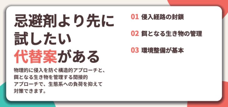 忌避剤より先に 試したい 代替案がある。侵入経路の封鎖、餌となる生き物の管理、環境整備が基本