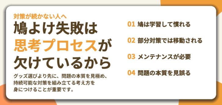 鳩よけ失敗は 思考プロセスが 欠けているから。鳩は学習して慣れる、部分対策では移動される、メンテナンスが必要、問題の本質を見誤る