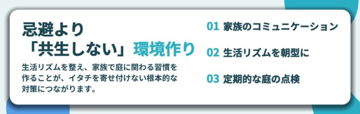 忌避より 「共生しない」環境作り。家族のコミュニケーション、生活リズムを朝型に、定期的な庭の点検