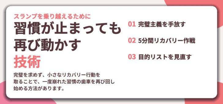 習慣が止まっても 再び動かす 技術。完璧主義を手放す、5分間リカバリー作戦、目的リストを見直す