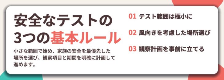 安全なテストの 3つの基本ルール。テスト範囲は極小に、風向きを考慮した場所選び、観察計画を事前に立てる